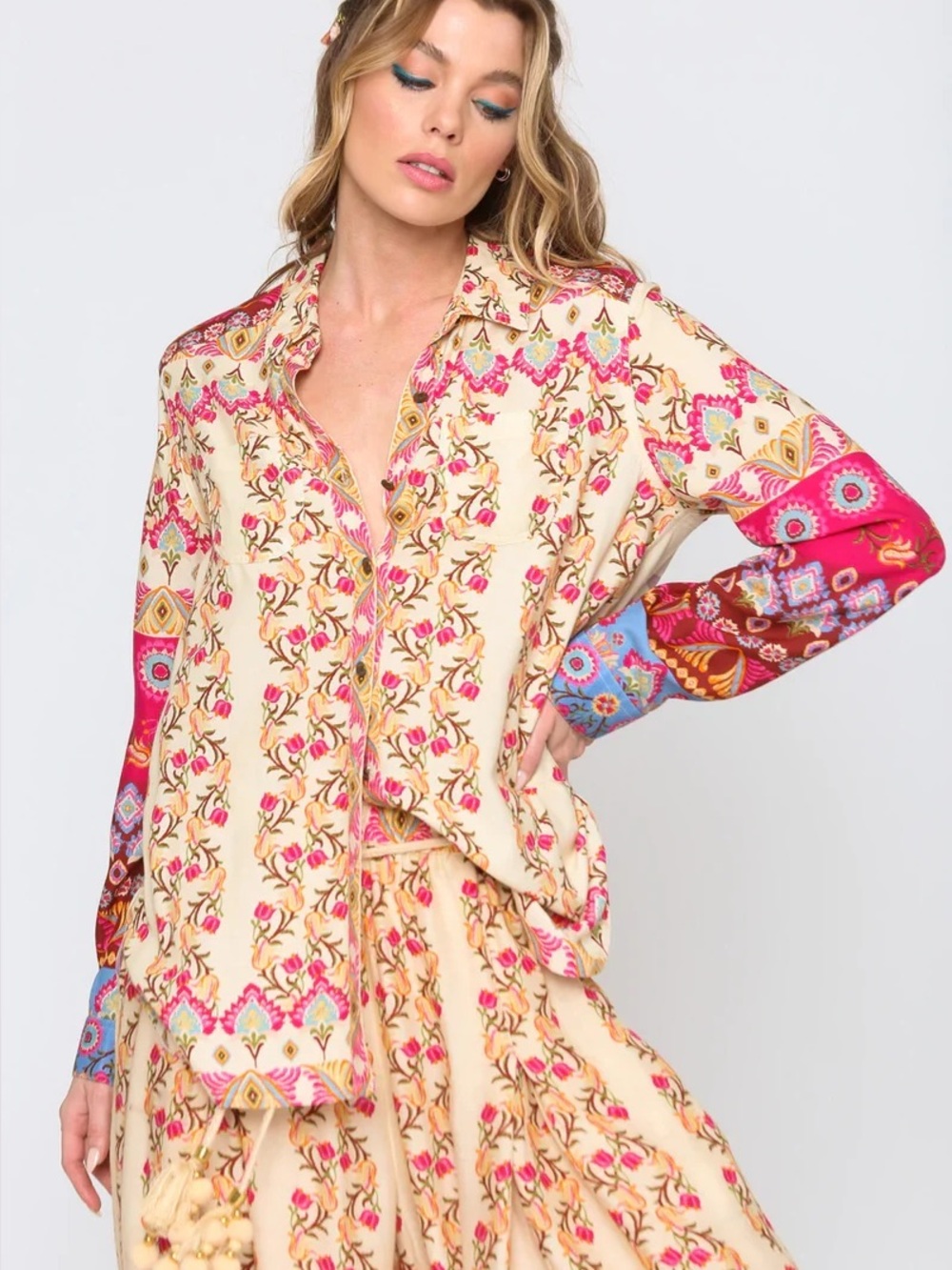 NEW ARATTA peacock paradise shirt in pink/cream size XL